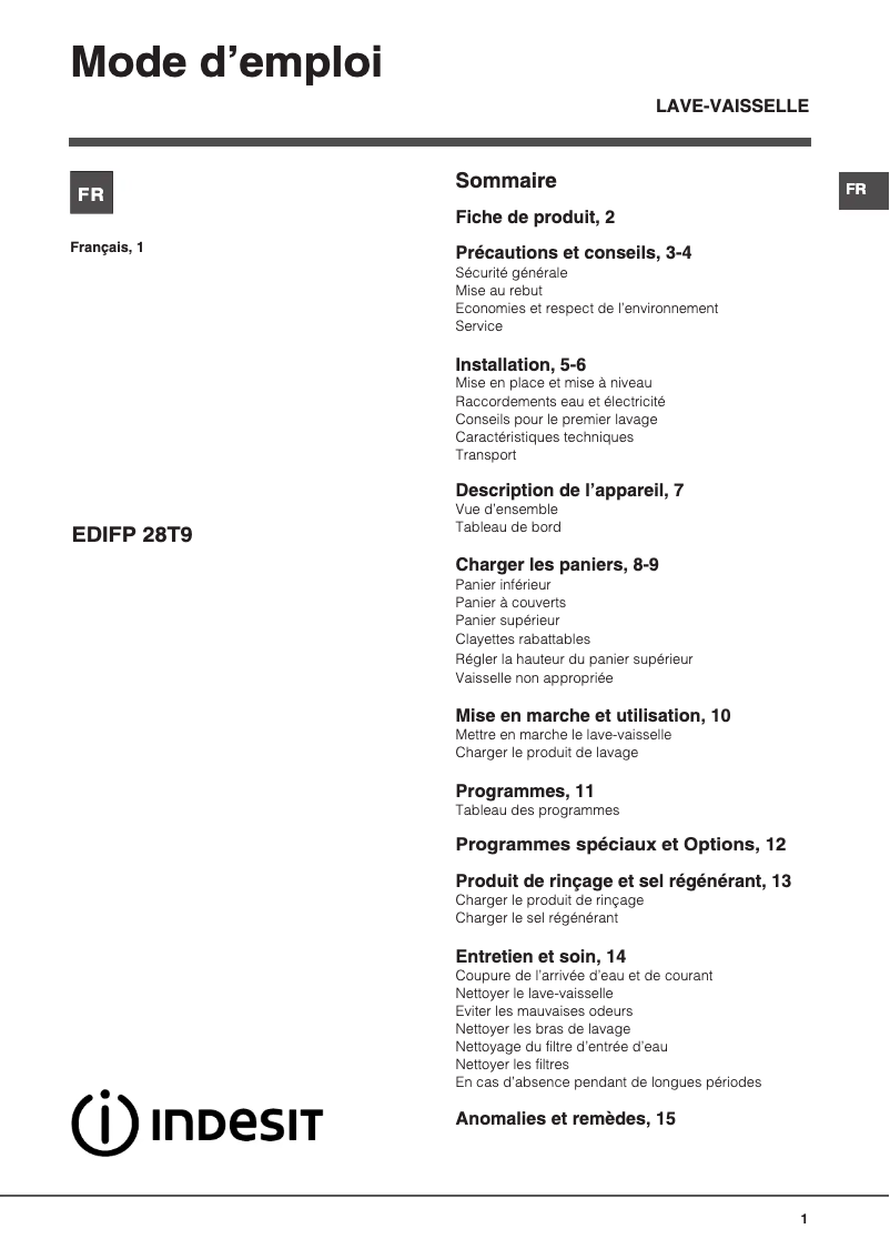 Page 1 de la notice Manuel utilisateur Indesit EDIFP 28T9