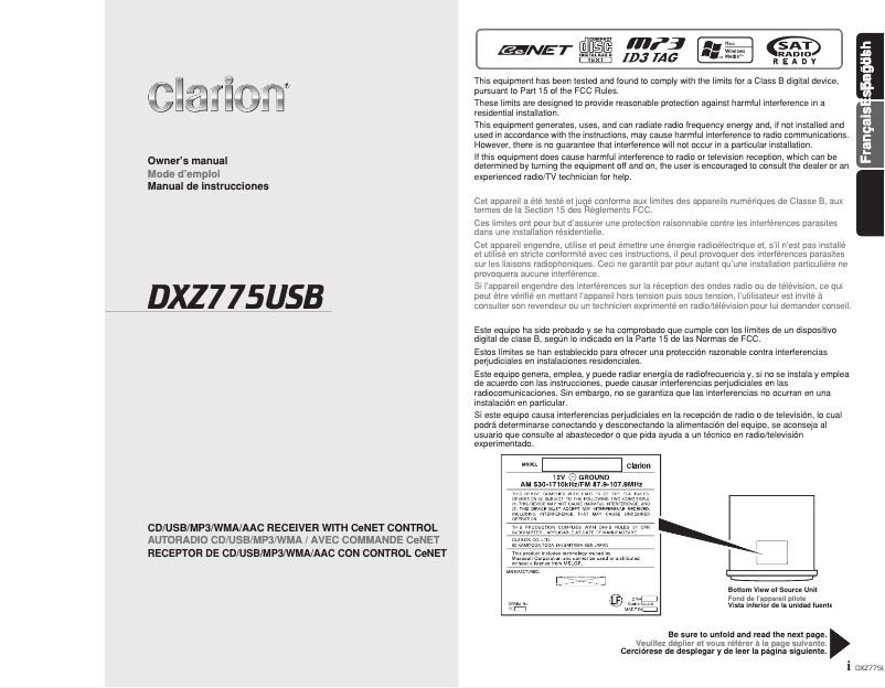 Page n°1 - Manuel utilisateur Clarion DXZ775USB