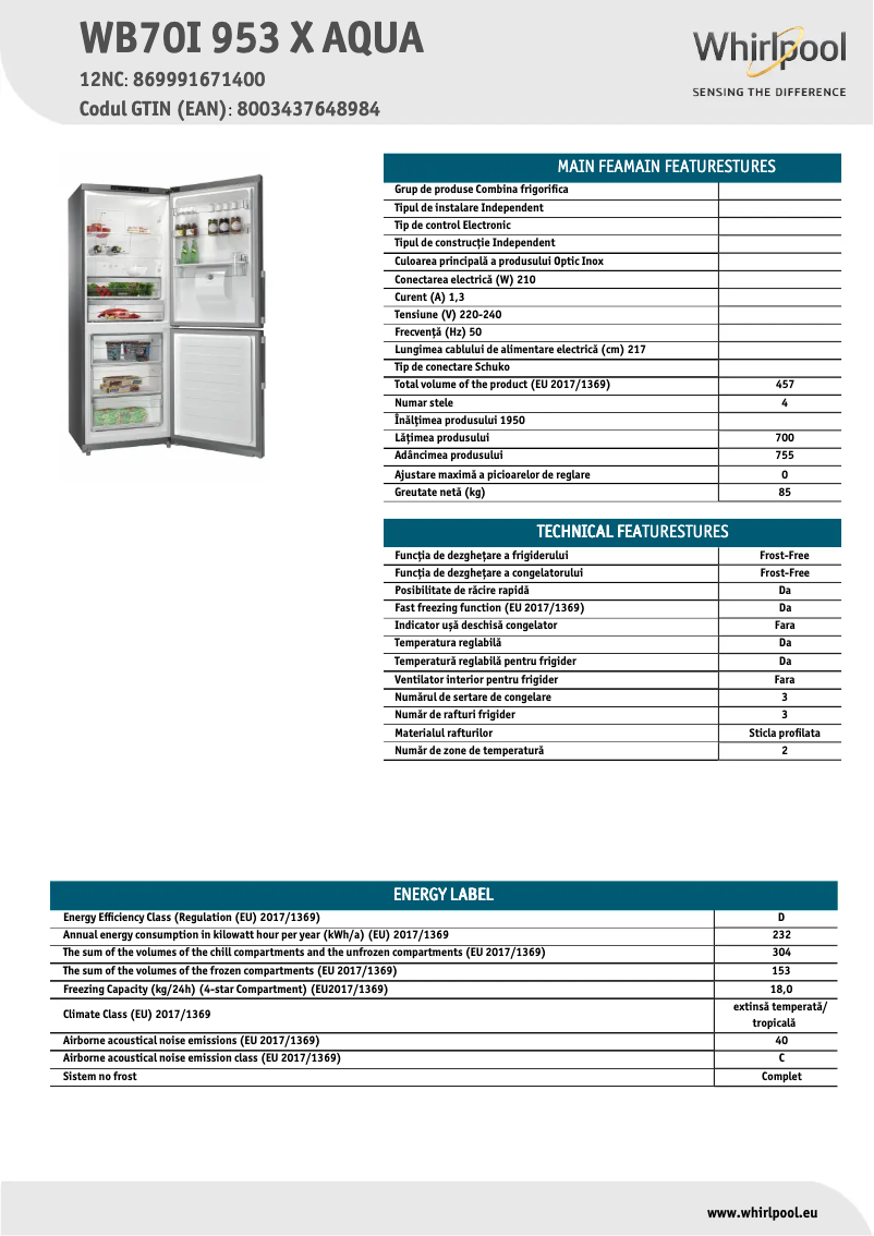 Page n°1 - Fiche technique Whirlpool WB70I 953 X
