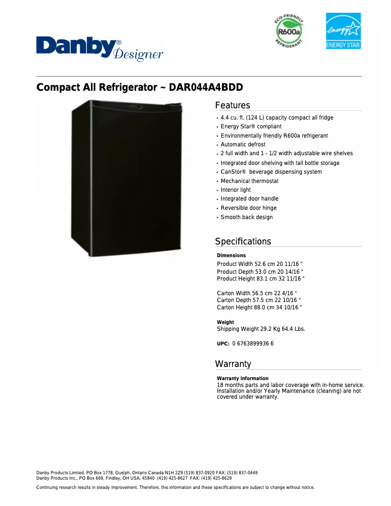 Page 1 de la notice Fiche technique Danby DAR044A4BDD