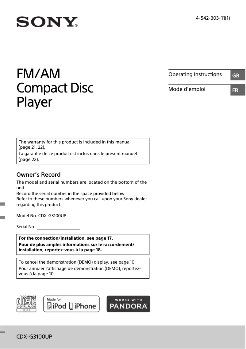 Image de la première page du manuel de l'appareil CDX-G3100UP
