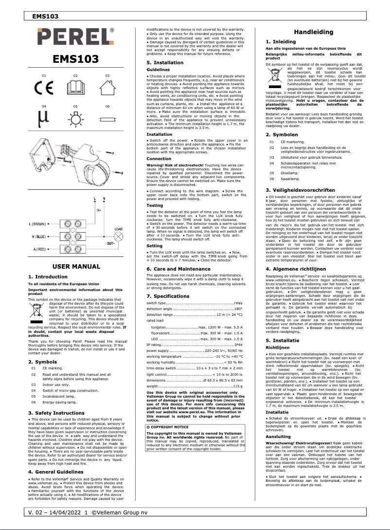 Page 1 de la notice Manuel utilisateur Perel EMS103