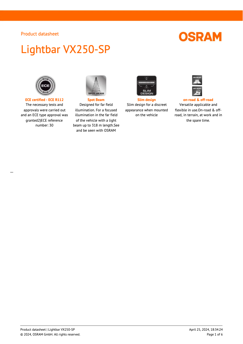 Page 1 de la notice Fiche technique Osram VX250-SP