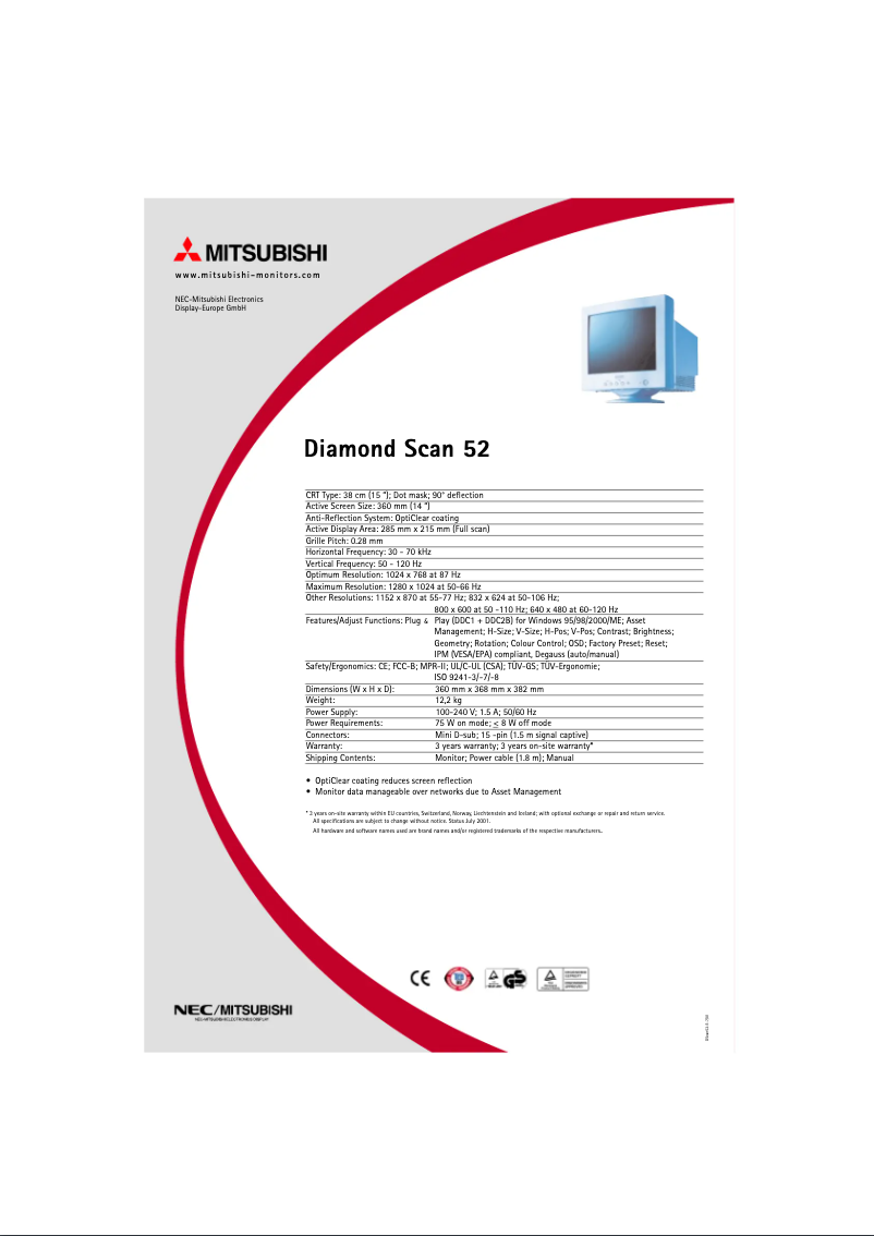 Page 1 de la notice Fiche technique NEC Diamond Scan 52