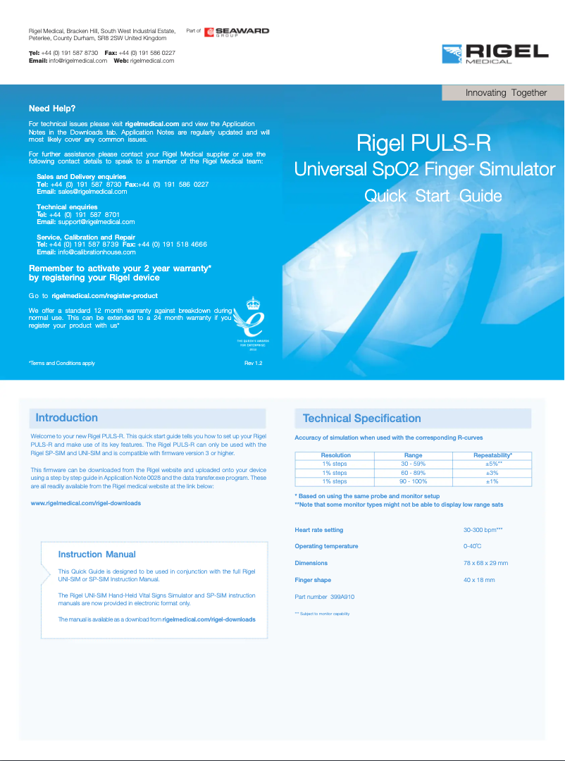 Page 1 de la notice Guide de démarrage rapide Rigel Medical Puls-R