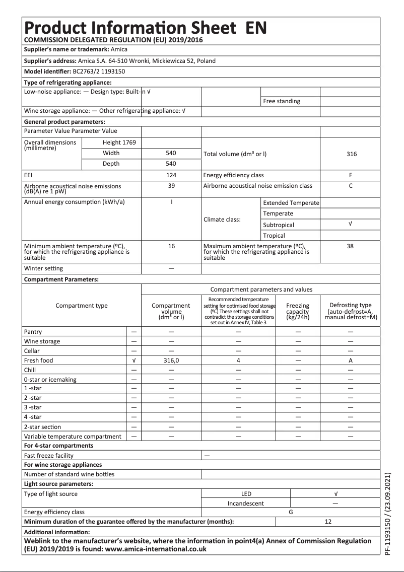 Page 1 de la notice Fiche technique Amica BC2763