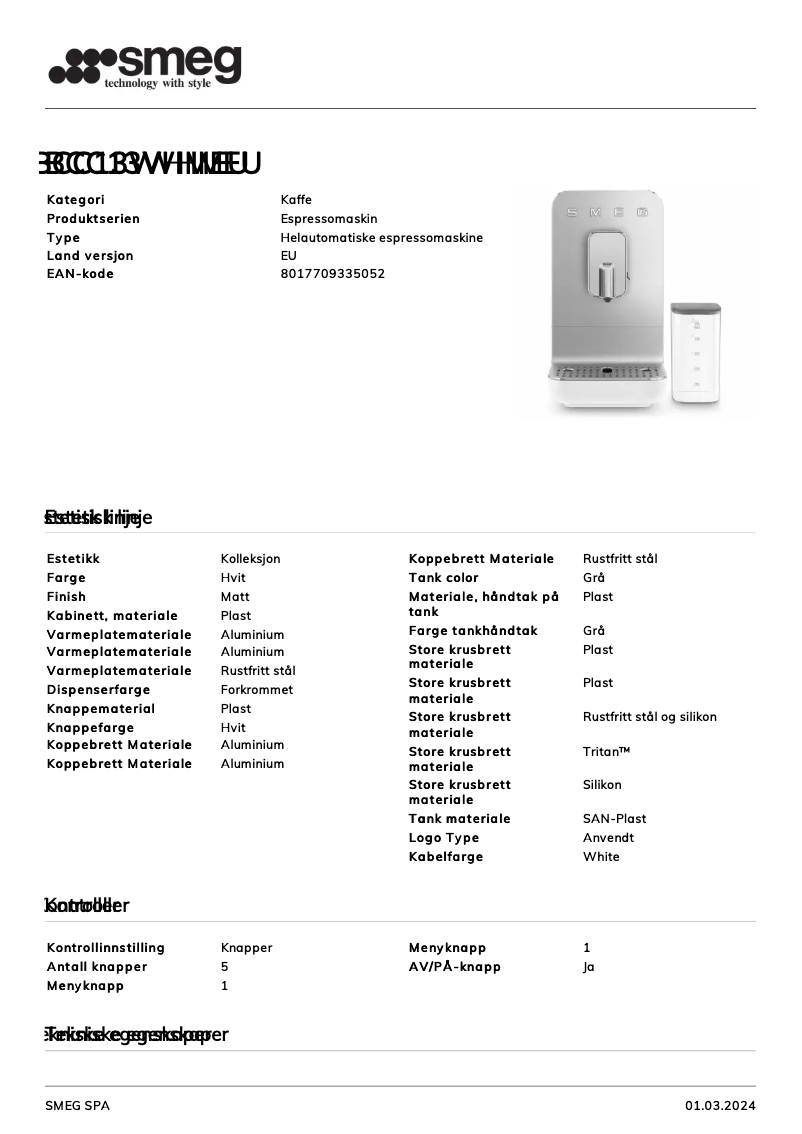 Page n°1 - Fiche technique Smeg BCC13