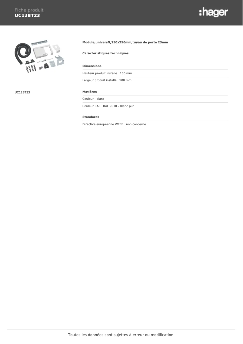 Page n°1 - Manuel utilisateur Hager UC12BT23