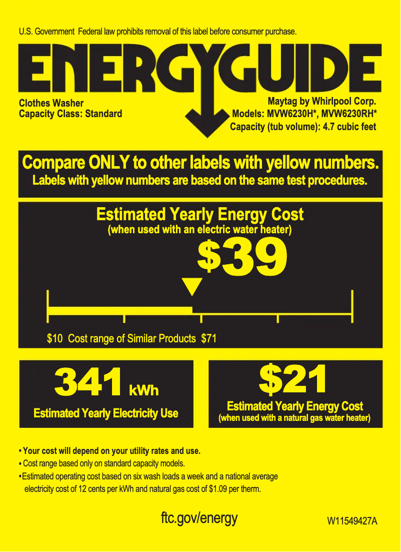Page n°1 - Label énergétique Maytag MVW6230HW