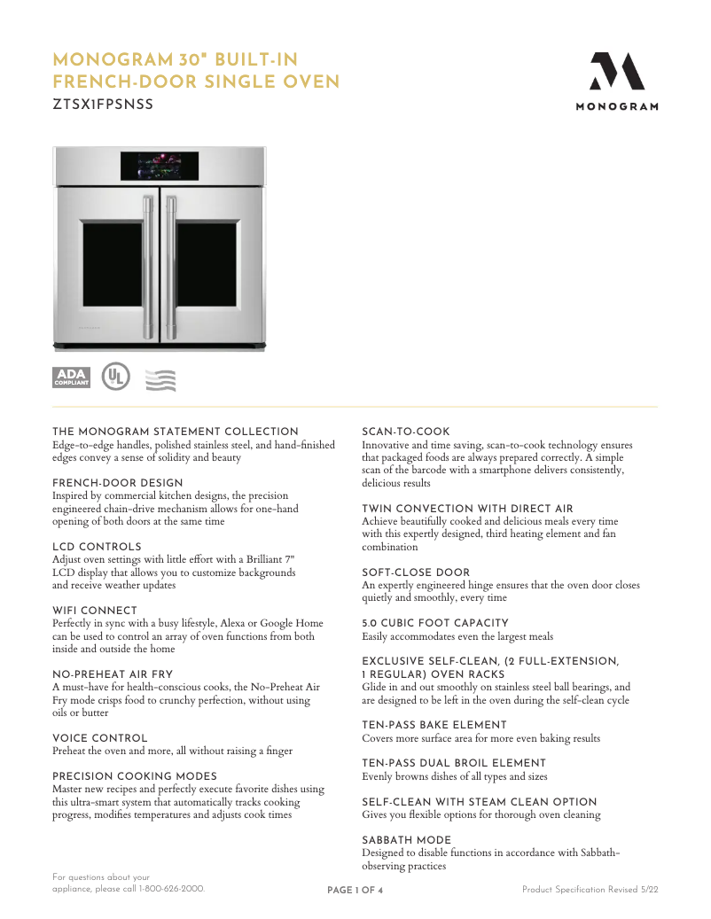 Página 1 del manual Ficha técnica Monogram ZTSX1FPSNSS