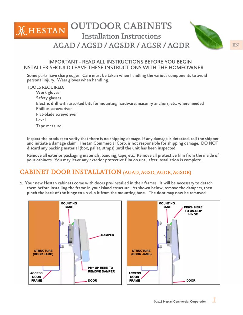 Page n°1 - Guide d'installation Hestan AGDR16-BU