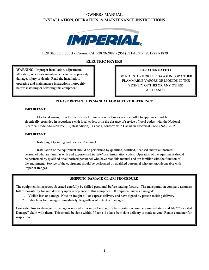 Page 1 de la notice Manuel utilisateur Imperial IFS-50-E