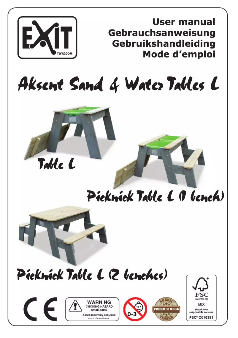 Page 1 de la notice Manuel utilisateur EXIT Aksent Sand-, Water Picnic table L Deluxe