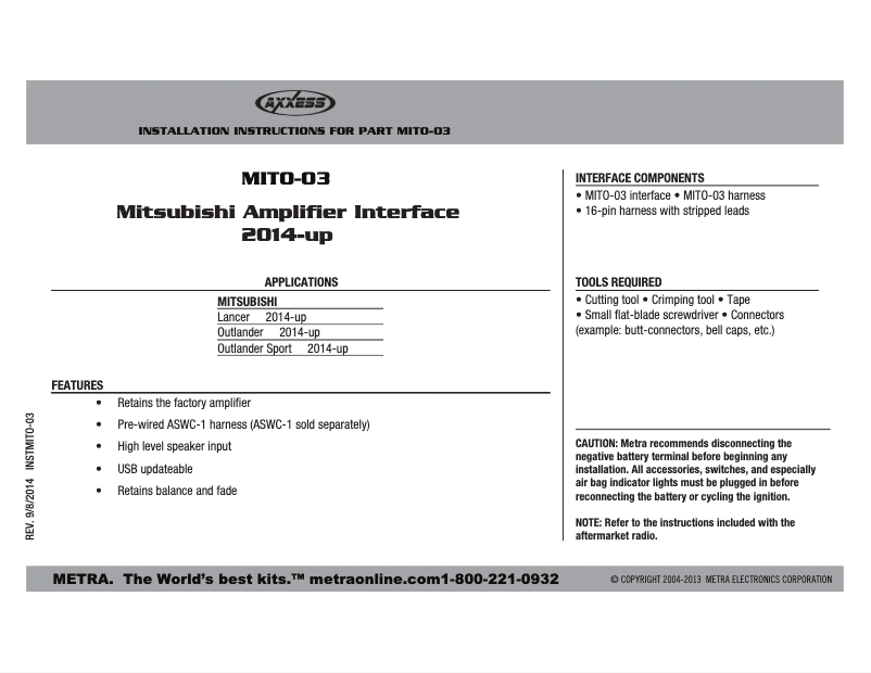 Page n°1 - Manuel utilisateur Metra MITO-03