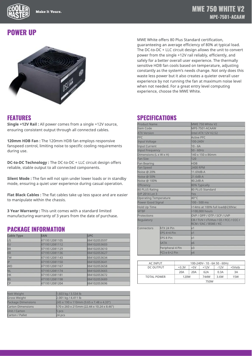 Page 1 de la notice Manuel utilisateur Cooler Master MWE 750