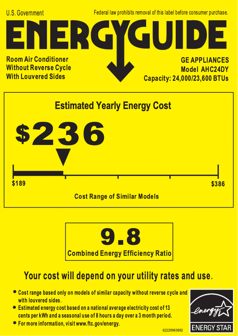 Page 1 de la notice Label énergétique GE AHC24DY