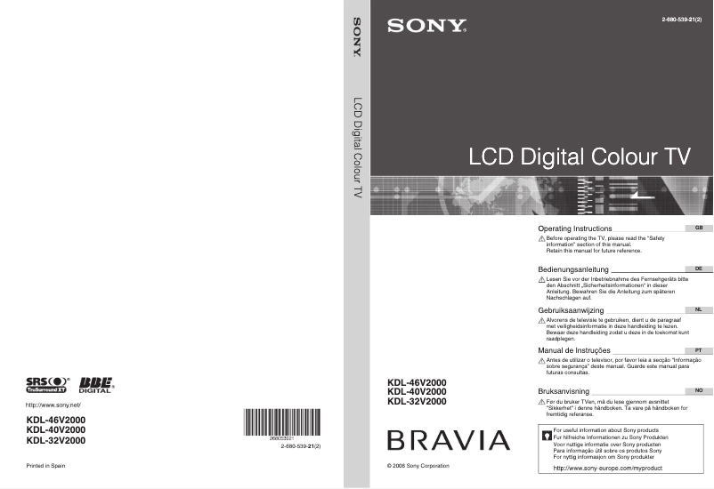 Page 1 de la notice Manuel utilisateur Sony Bravia KDL-40V2000