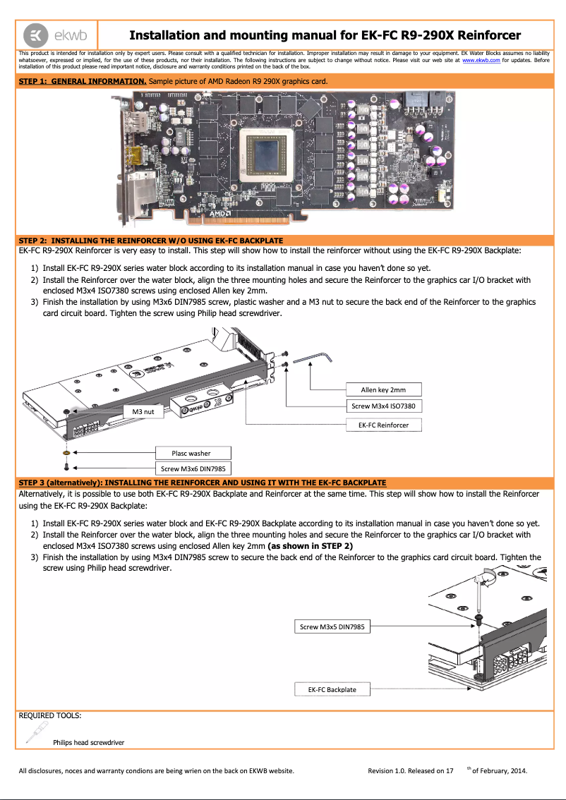 Page 1 de la notice Manuel utilisateur EK Water Blocks EK-FC R9-290X Reinforcer
