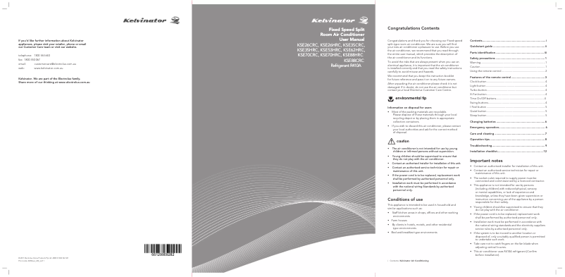 Page 1 de la notice Manuel utilisateur Kelvinator KSE26CRC