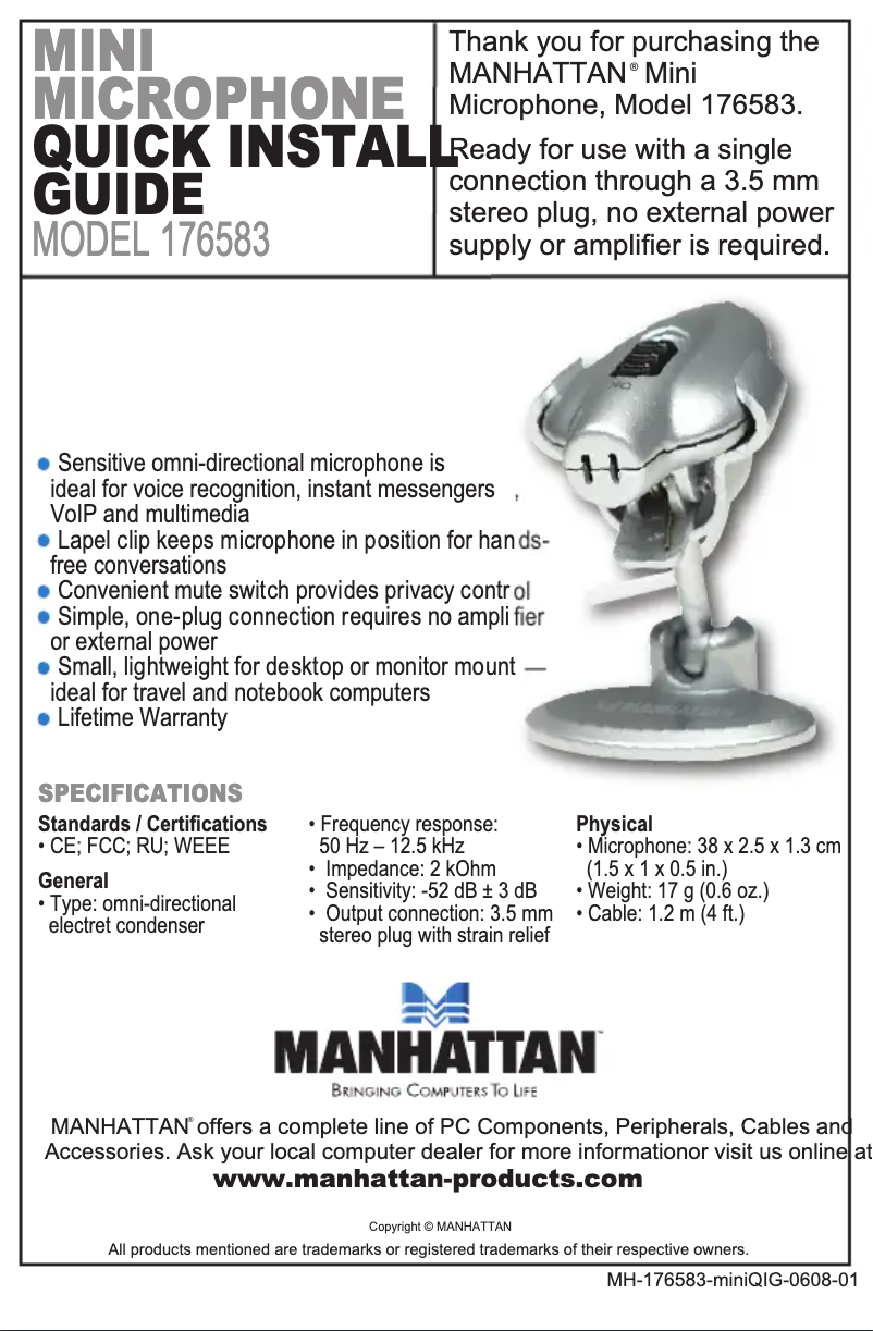 Page 1 de la notice Manuel utilisateur Manhattan 176583