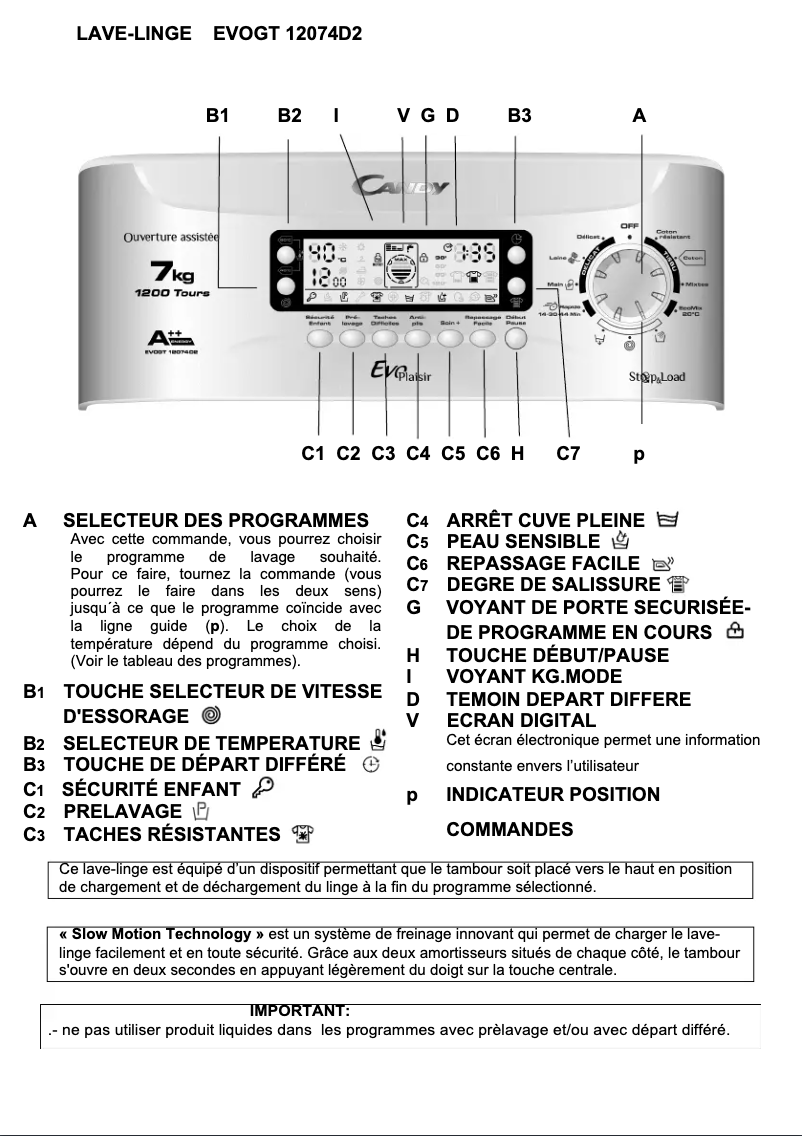 Page 1 de la notice Manuel utilisateur Candy EVOGT 12074D2-47