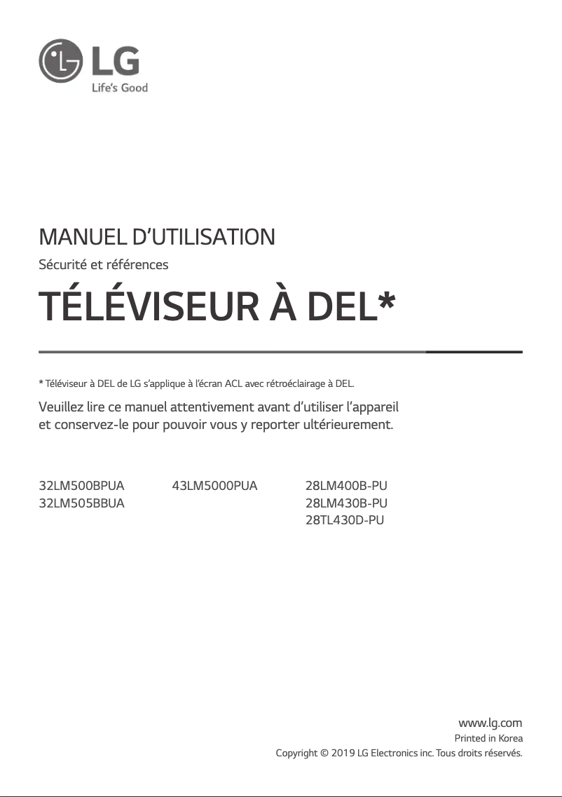 Page 1 de la notice Manuel utilisateur LG 32LM500BPUA