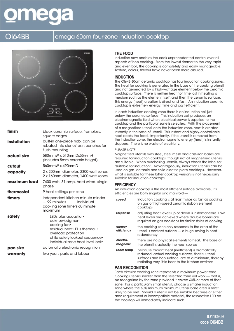 Page 1 de la notice Fiche technique Omega OI64BB