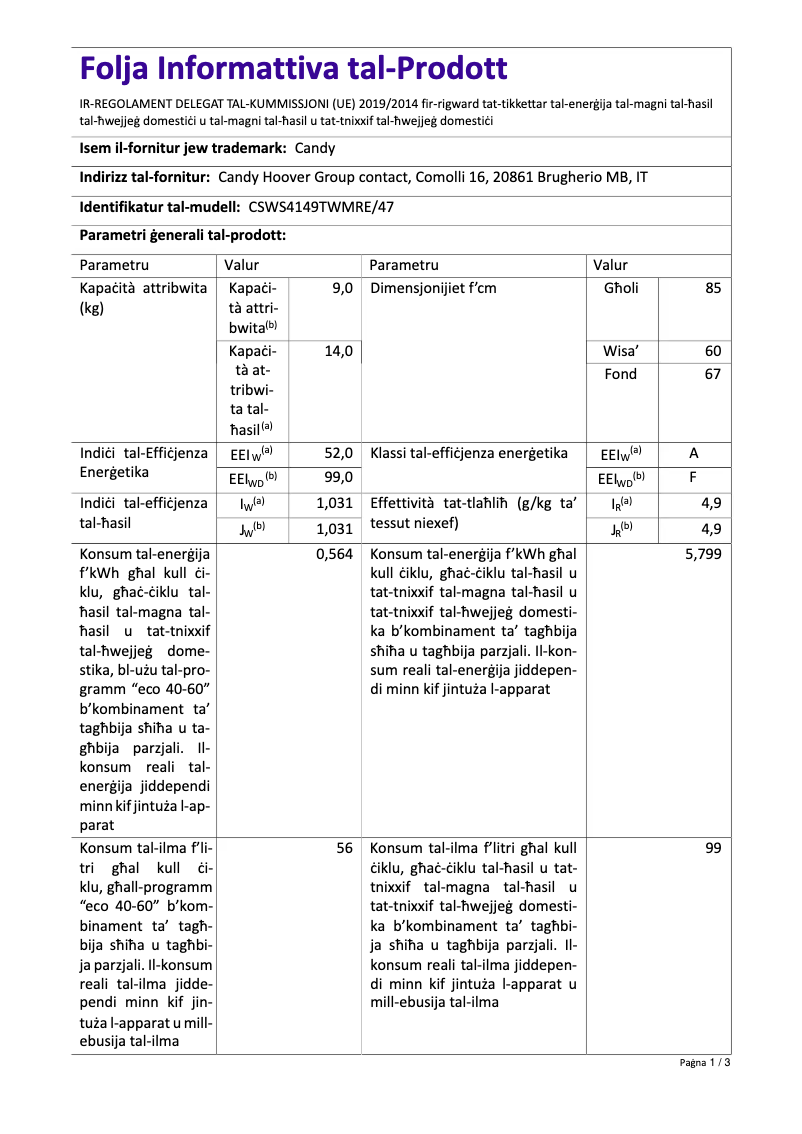 Page 1 de la notice Manuel utilisateur Candy CSWS4149TWMRE/47