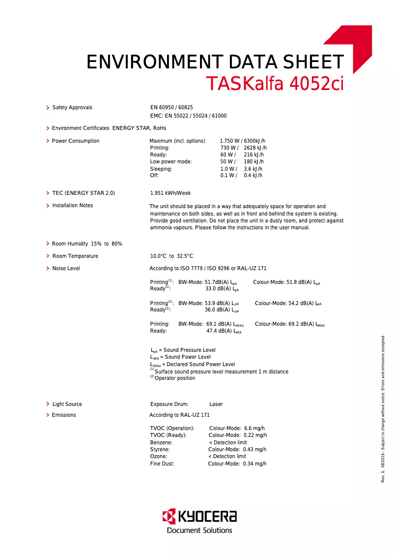 Page 1 de la notice Fiche technique Kyocera TASKalfa 4052CI