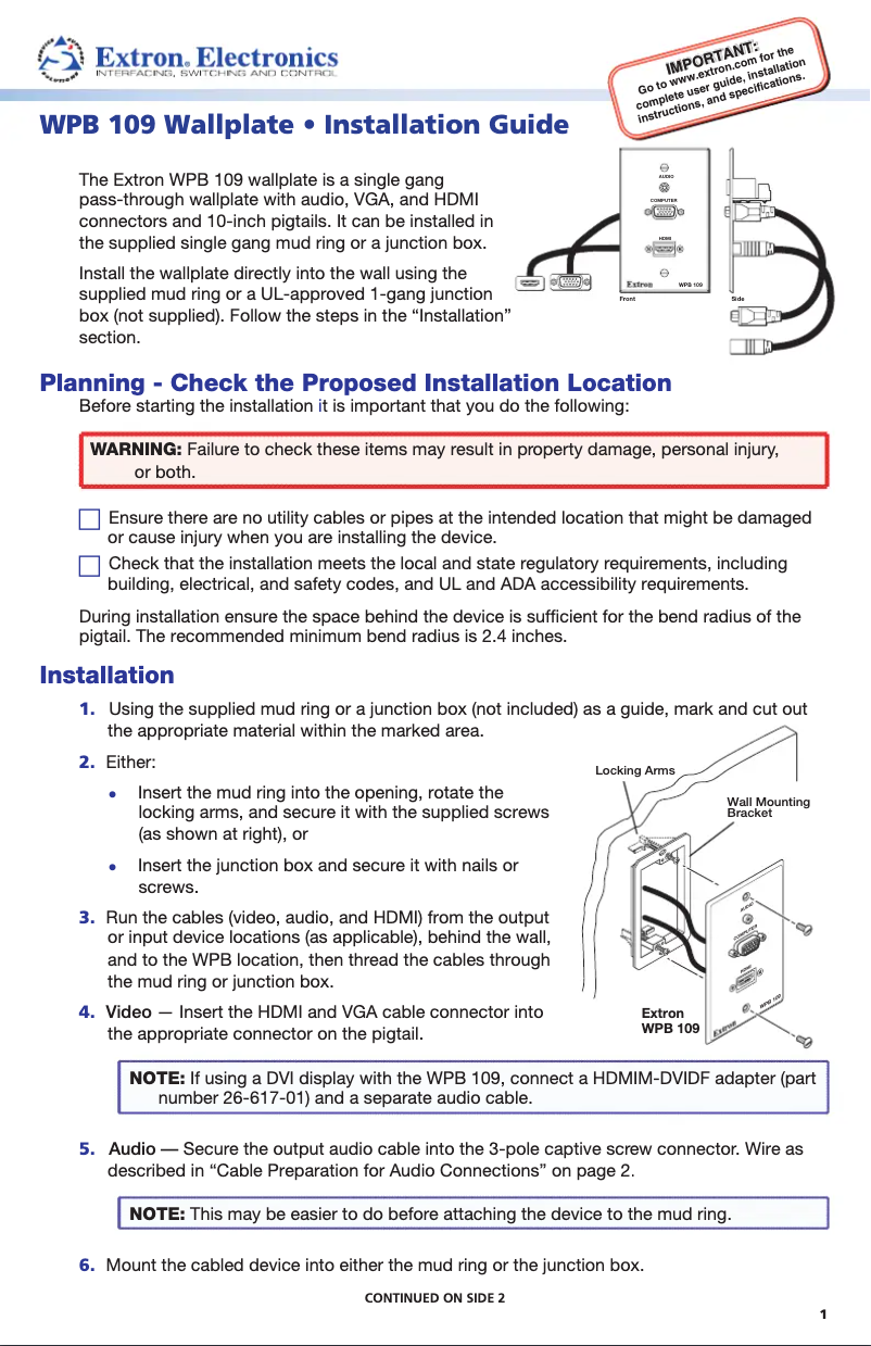 Page n°1 - Manuel utilisateur Extron WPB 109