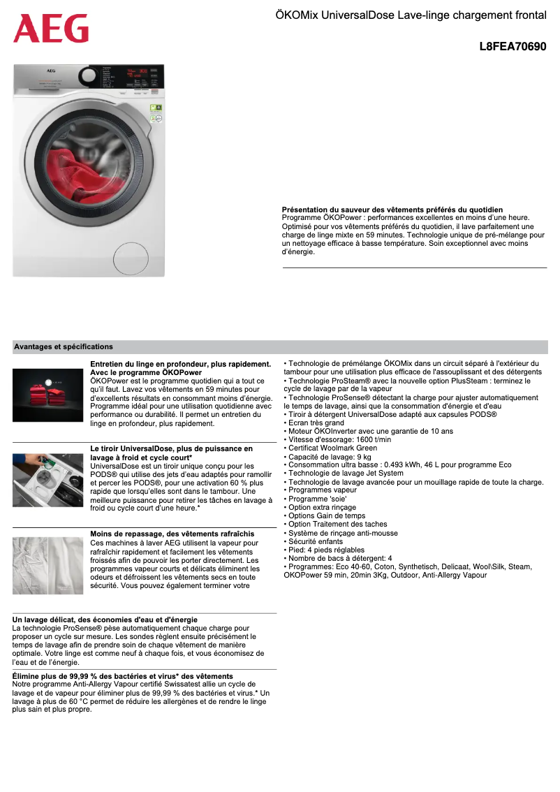 Página 1 del manual Ficha técnica AEG L8FEA70690