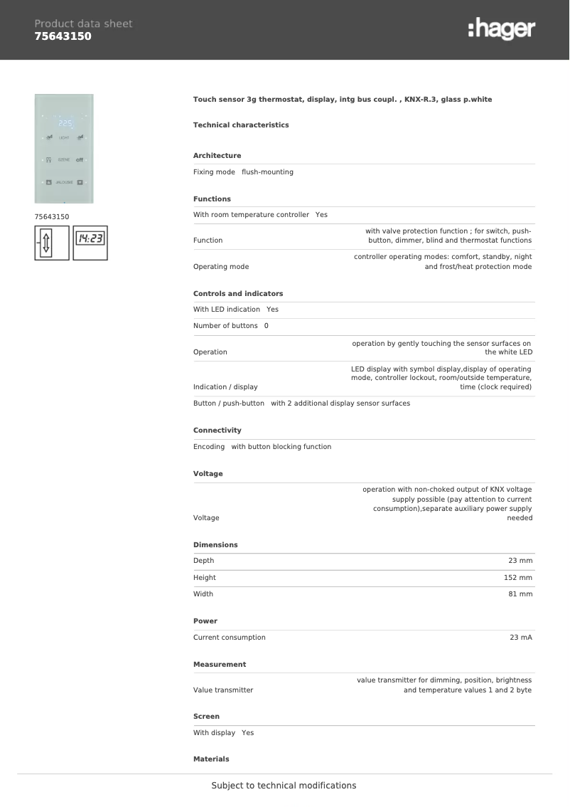 Page 1 de la notice Fiche technique Hager 75643150