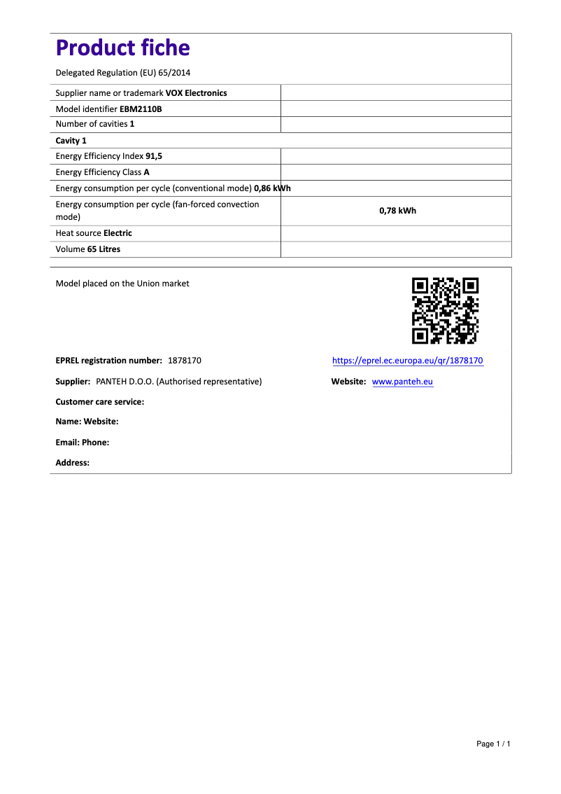 Page 1 de la notice Fiche technique VOX EBM2110B