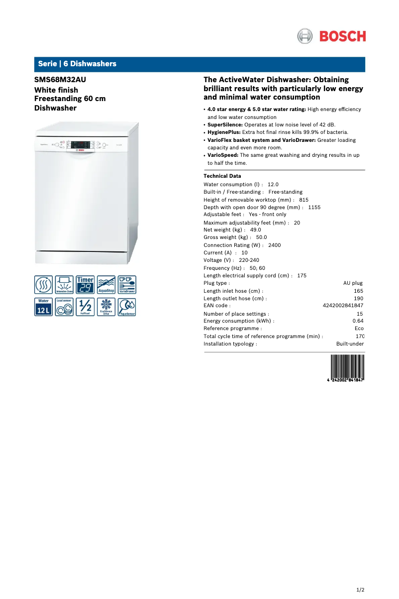 Page 1 de la notice Fiche technique Bosch SMS68M32AU