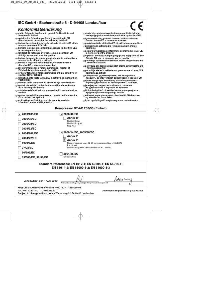 Page n°1 - Manuel utilisateur Einhell BT-AC 250/50
