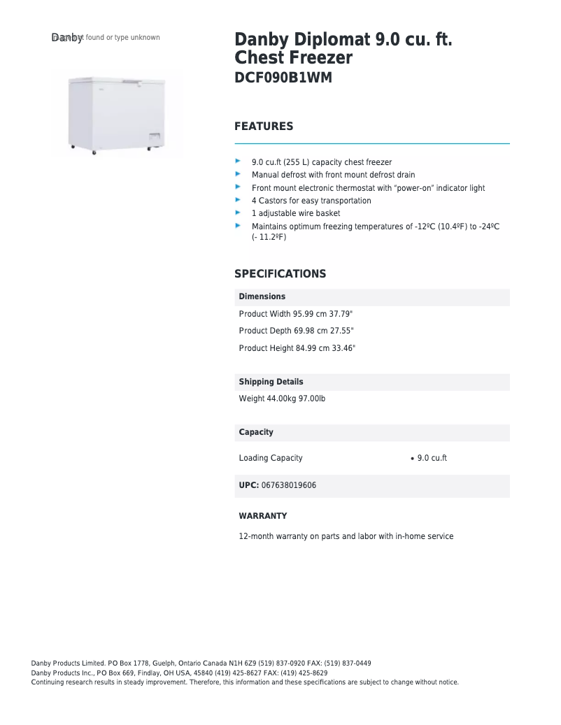 Page 1 de la notice Fiche technique Danby DCF090B1WM