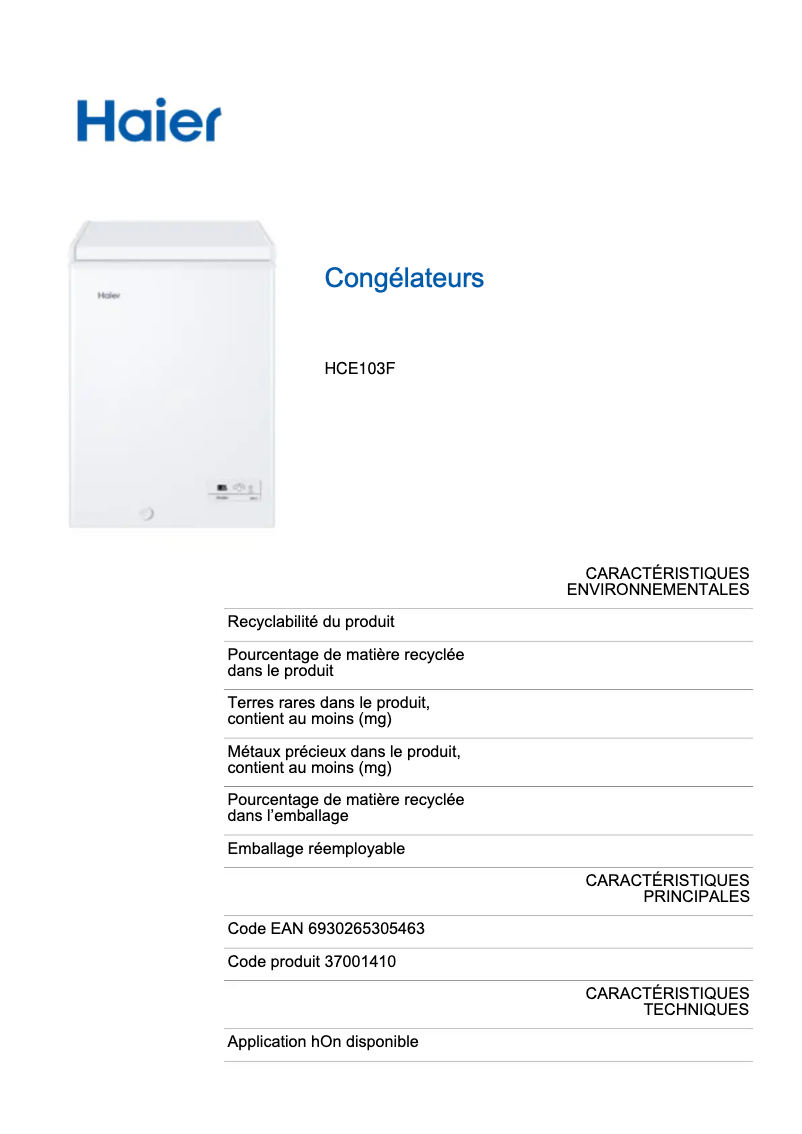 Page n°1 - Label énergétique Haier HCE103F
