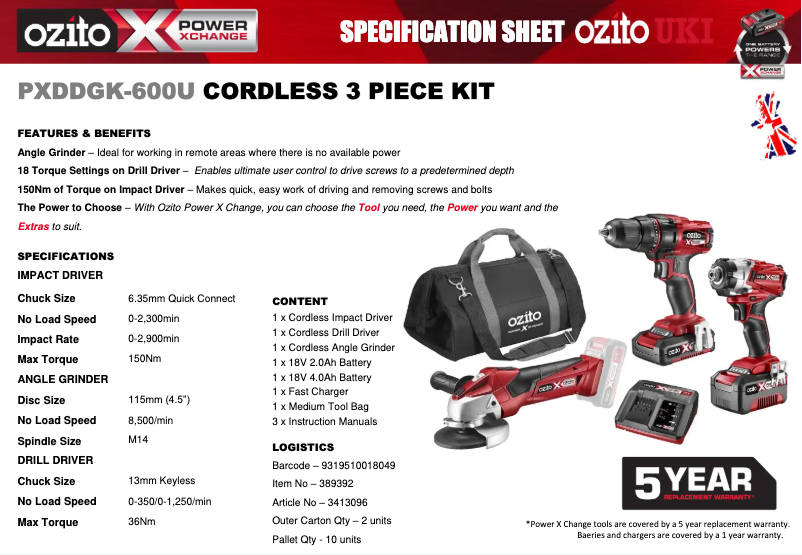 Page 1 de la notice Fiche technique Ozito PXDDGK-600U