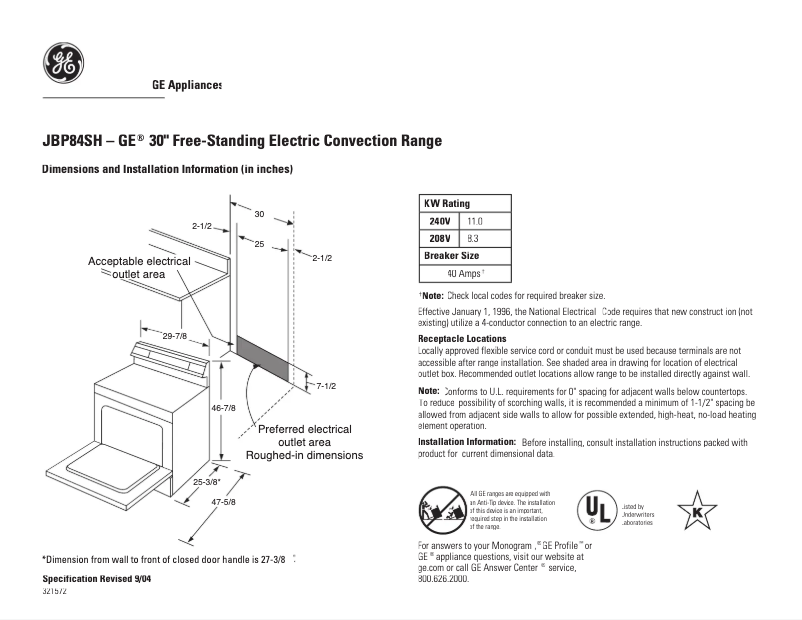 Página 1 del manual Ficha técnica GE JBP84SHSS