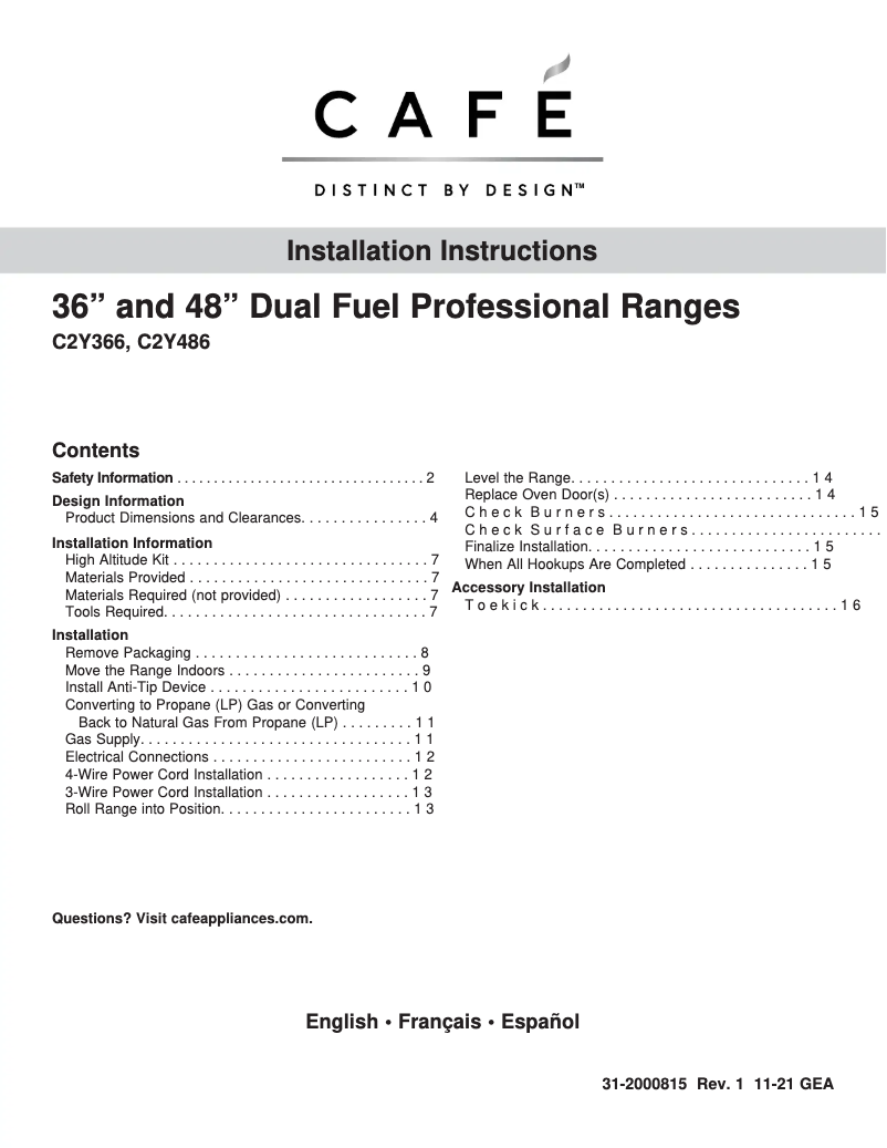 Page 1 of the manual Installation Guide GE C2Y366P4TW2