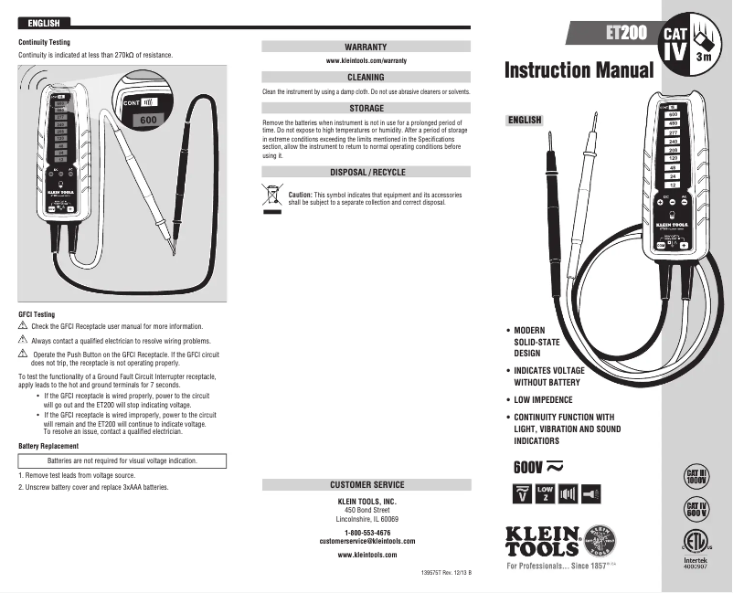 Page n°1 - Manuel utilisateur Klein Tools ET200