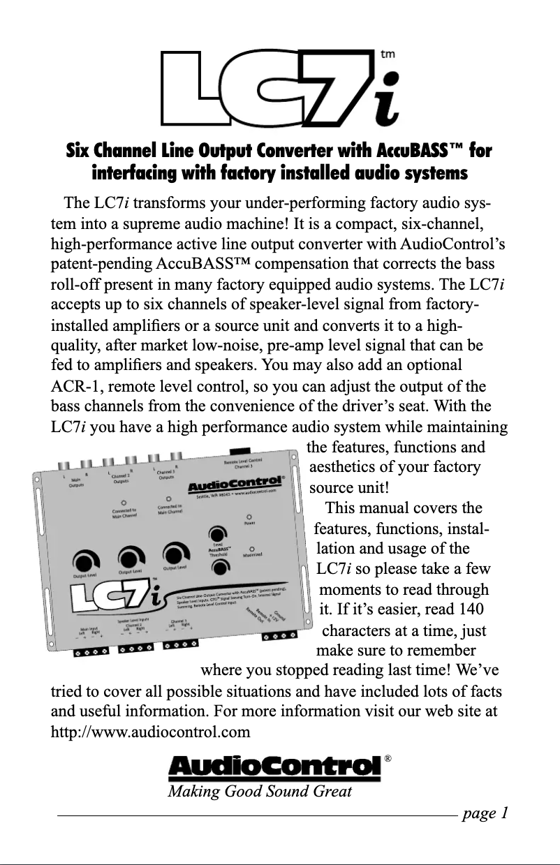 Page 1 de la notice Fiche technique AudioControl LC7i