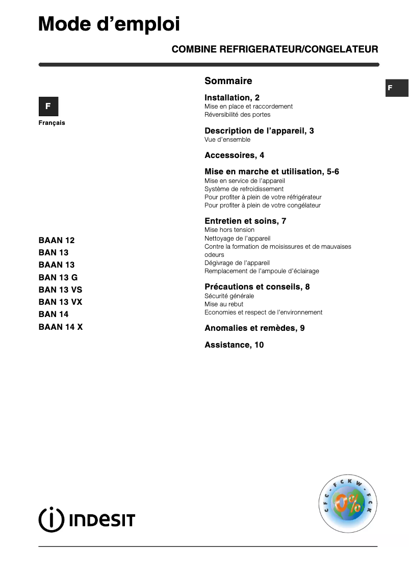 Page 1 de la notice Manuel utilisateur Indesit BAN 13 V