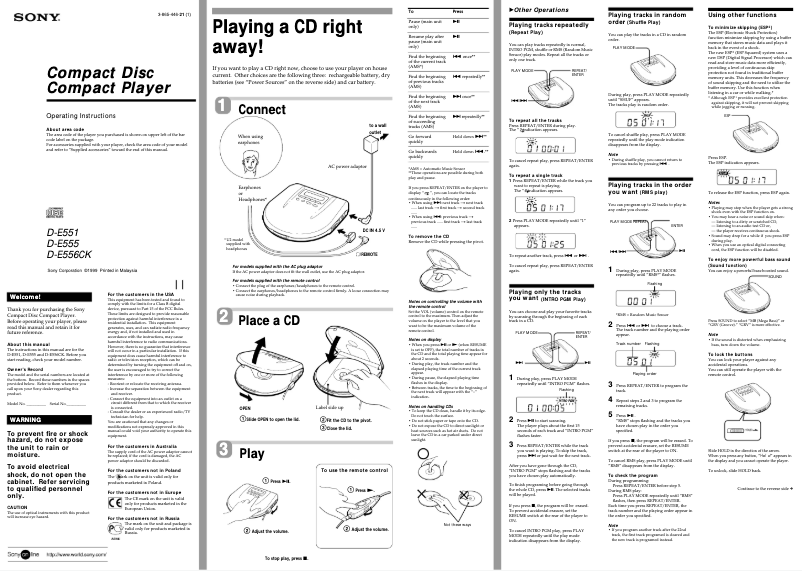 Image de la première page du manuel de l'appareil Discman D-E551