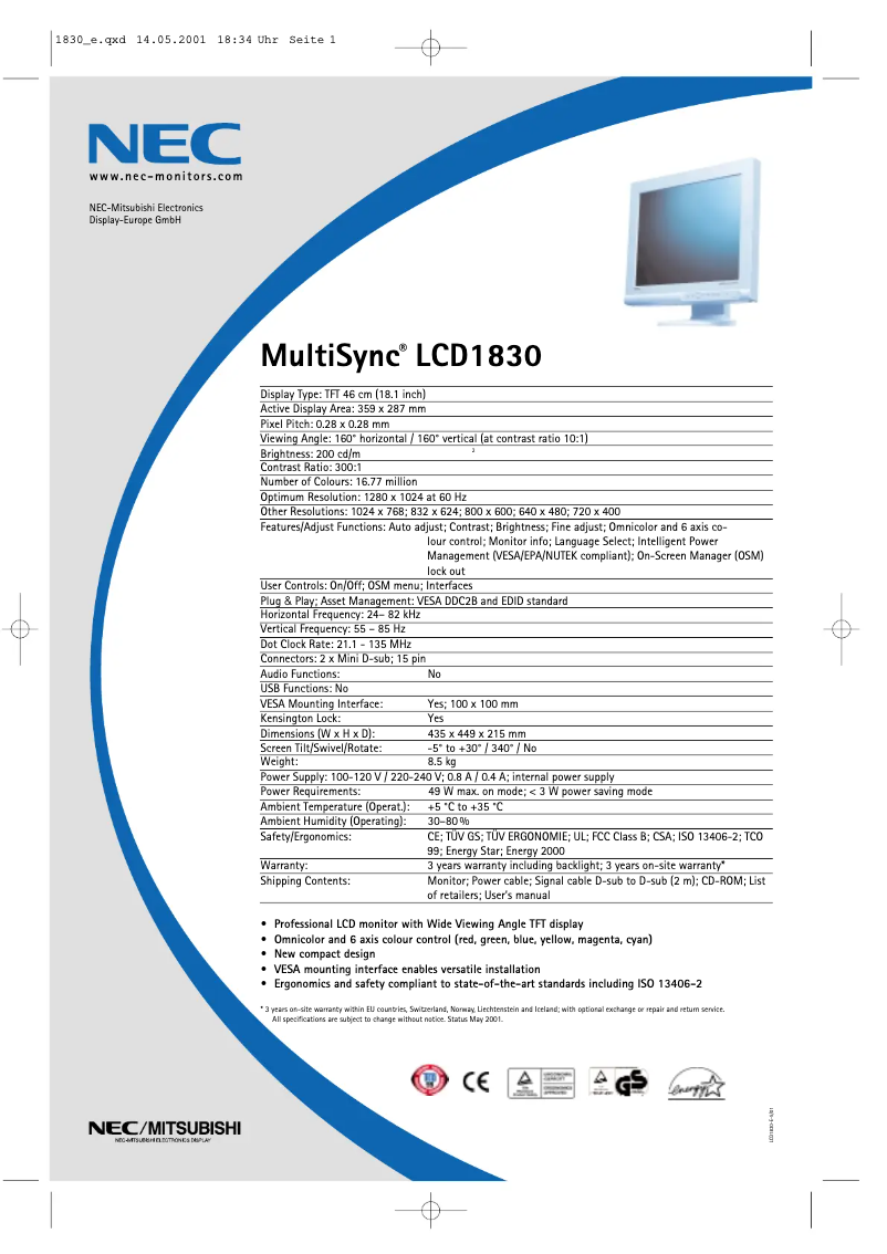 Página 1 del manual Ficha técnica NEC MultiSync LCD1830BK