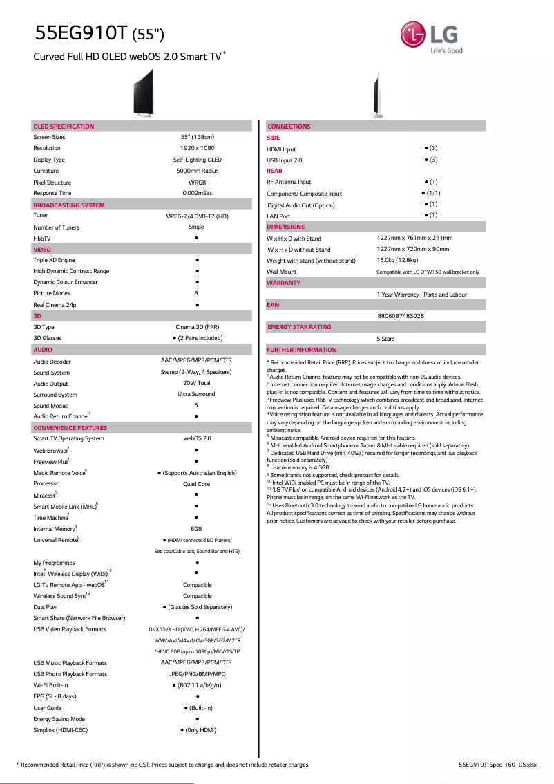 Página 1 del manual Ficha técnica LG 55EG910T