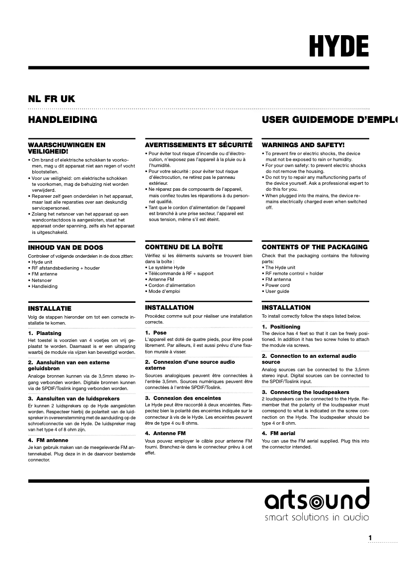Page 1 de la notice Manuel utilisateur Artsound HYDE
