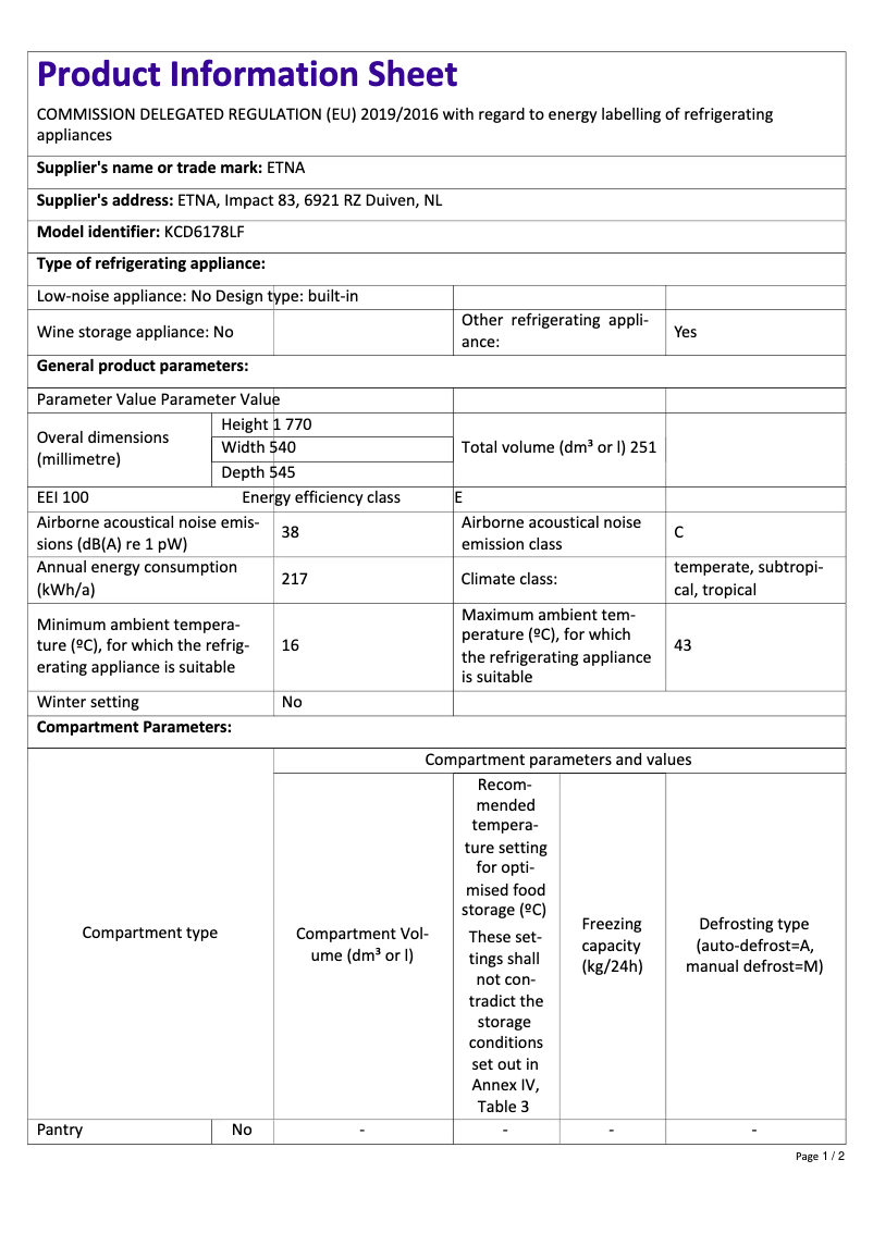 Page 1 de la notice Fiche technique Etna KCD6178LF