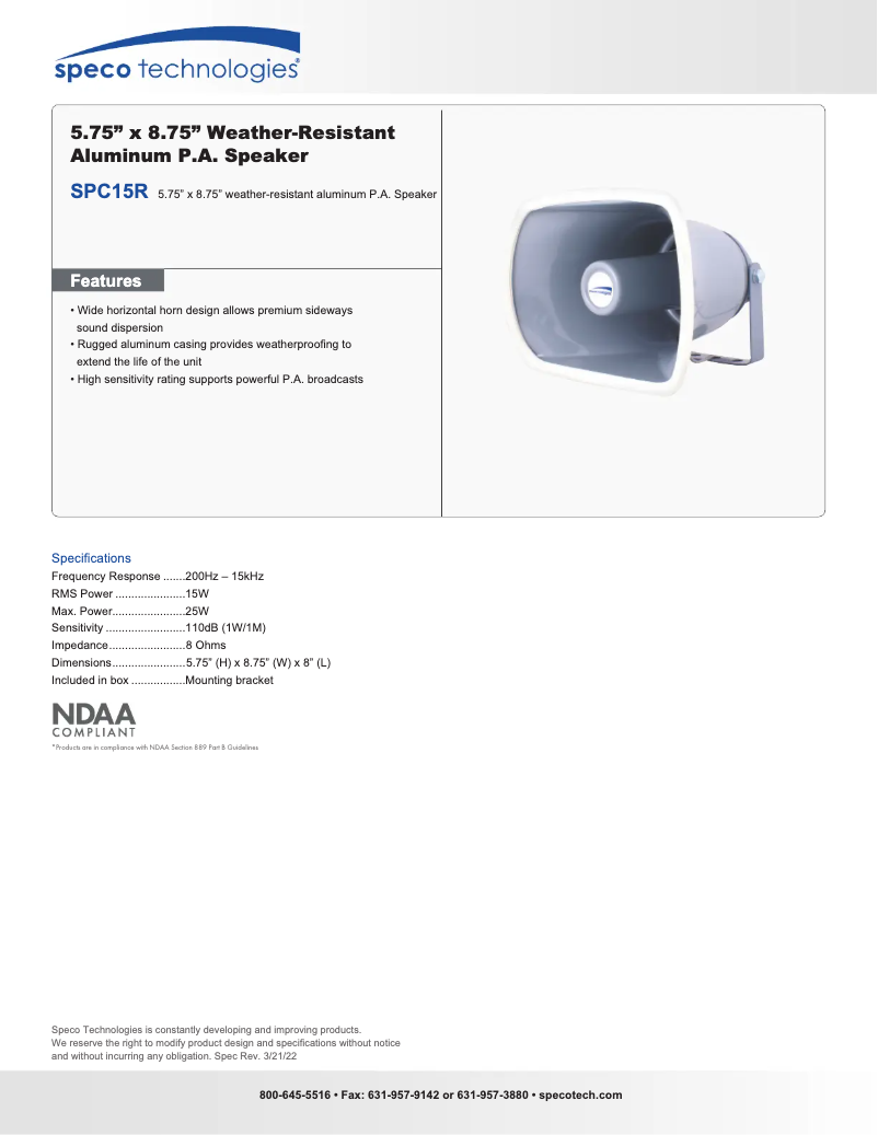 Page n°1 - Fiche technique Speco Technologies SPC15R