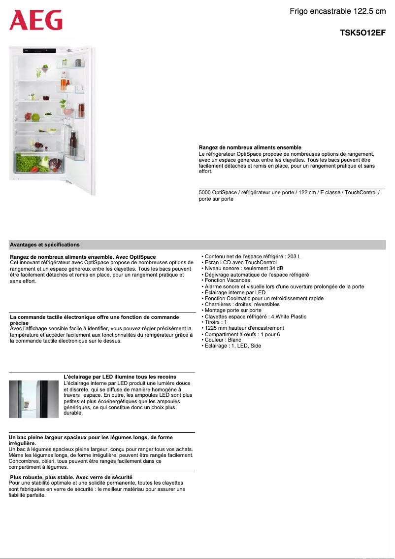 Page 1 de la notice Fiche technique AEG TSK5O12EF